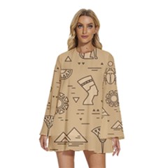 Egyptian-seamless-pattern-symbols-landmarks-signs-egypt Round Neck Long Sleeve Bohemian Style Chiffon Mini Dress by Salman4z