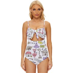 Fantasy-things-doodle-style-vector-illustration Knot Front One-piece Swimsuit by Salman4z