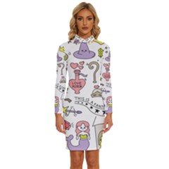 Fantasy-things-doodle-style-vector-illustration Long Sleeve Shirt Collar Bodycon Dress by Salman4z