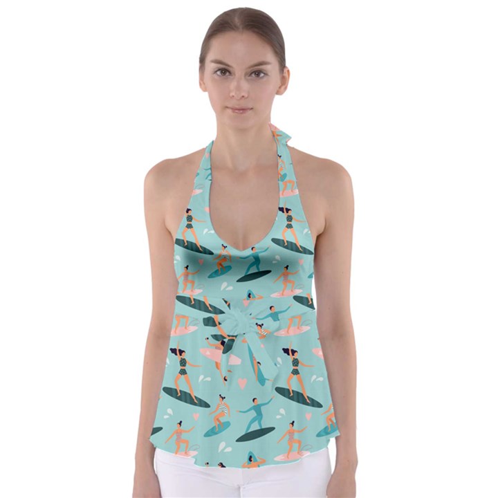 Beach-surfing-surfers-with-surfboards-surfer-rides-wave-summer-outdoors-surfboards-seamless-pattern- Babydoll Tankini Top