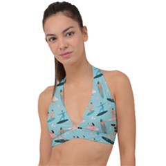 Beach-surfing-surfers-with-surfboards-surfer-rides-wave-summer-outdoors-surfboards-seamless-pattern- Halter Plunge Bikini Top by Salman4z