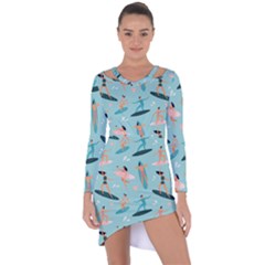 Beach-surfing-surfers-with-surfboards-surfer-rides-wave-summer-outdoors-surfboards-seamless-pattern- Asymmetric Cut-out Shift Dress by Salman4z