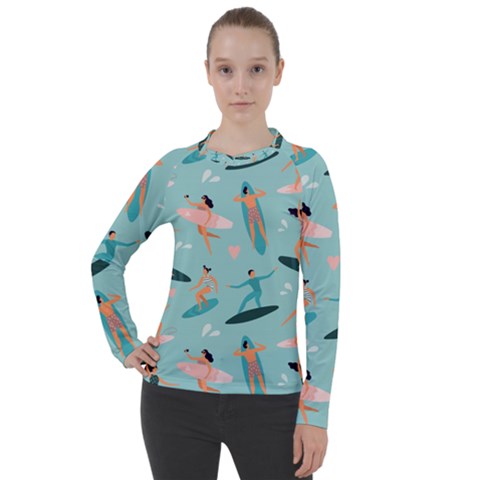 Beach-surfing-surfers-with-surfboards-surfer-rides-wave-summer-outdoors-surfboards-seamless-pattern- Women s Pique Long Sleeve Tee by Salman4z