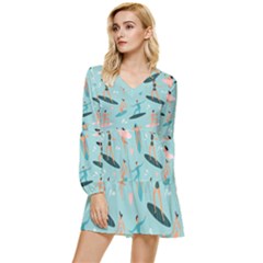 Beach-surfing-surfers-with-surfboards-surfer-rides-wave-summer-outdoors-surfboards-seamless-pattern- Tiered Long Sleeve Mini Dress by Salman4z