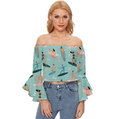 Beach-surfing-surfers-with-surfboards-surfer-rides-wave-summer-outdoors-surfboards-seamless-pattern- Off Shoulder Flutter Bell Sleeve Top by Salman4z