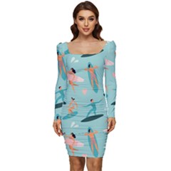 Beach-surfing-surfers-with-surfboards-surfer-rides-wave-summer-outdoors-surfboards-seamless-pattern- Women Long Sleeve Ruched Stretch Jersey Dress by Salman4z