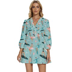 Beach-surfing-surfers-with-surfboards-surfer-rides-wave-summer-outdoors-surfboards-seamless-pattern- V-neck Placket Mini Dress by Salman4z