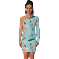 Beach-surfing-surfers-with-surfboards-surfer-rides-wave-summer-outdoors-surfboards-seamless-pattern- Long Sleeve One Shoulder Mini Dress by Salman4z