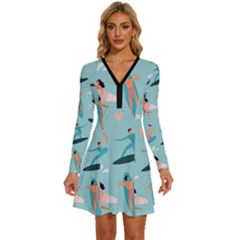 Beach-surfing-surfers-with-surfboards-surfer-rides-wave-summer-outdoors-surfboards-seamless-pattern- Long Sleeve Deep V Mini Dress  by Salman4z