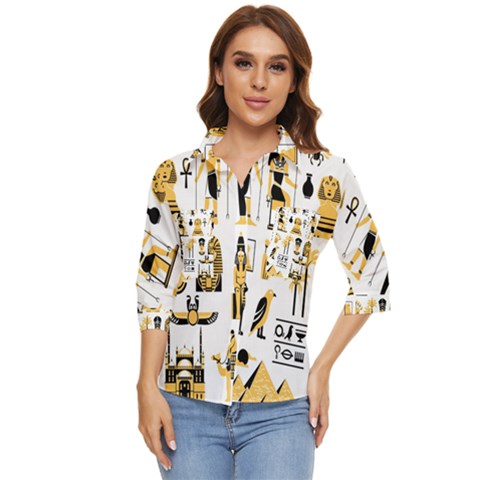 Egypt-symbols-decorative-icons-set Women s Quarter Sleeve Pocket Shirt by Salman4z