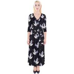 Crane Pattern Quarter Sleeve Wrap Maxi Dress