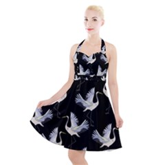 Crane Pattern Halter Party Swing Dress 