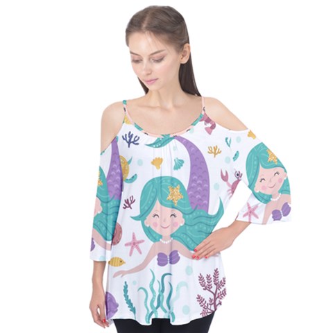 Set-cute-mermaid-seaweeds-marine-inhabitants Flutter Sleeve Tee  by Salman4z