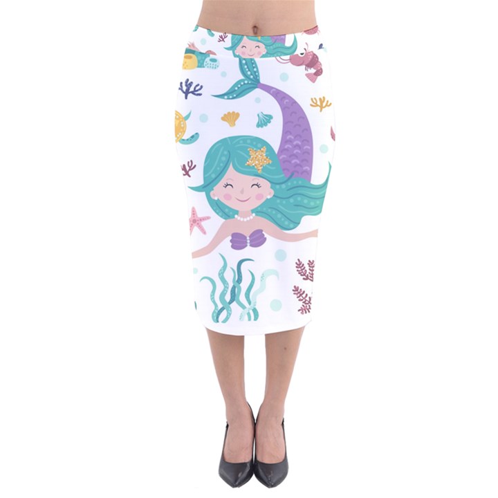 Set-cute-mermaid-seaweeds-marine-inhabitants Velvet Midi Pencil Skirt