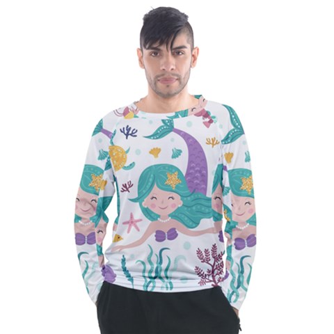 Set-cute-mermaid-seaweeds-marine-inhabitants Men s Long Sleeve Raglan Tee by Salman4z