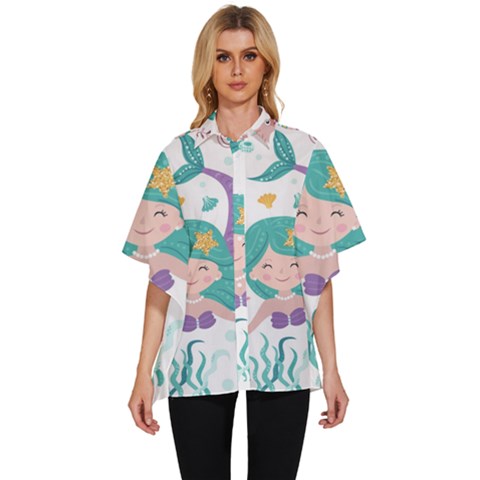 Set-cute-mermaid-seaweeds-marine-inhabitants Women s Batwing Button Up Shirt by Salman4z