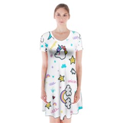 Unicorns-rainbows-seamless-pattern Short Sleeve V-neck Flare Dress by Salman4z