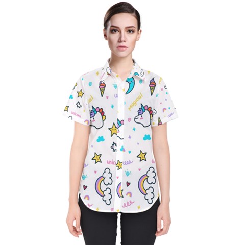 Unicorns-rainbows-seamless-pattern Women s Short Sleeve Shirt by Salman4z