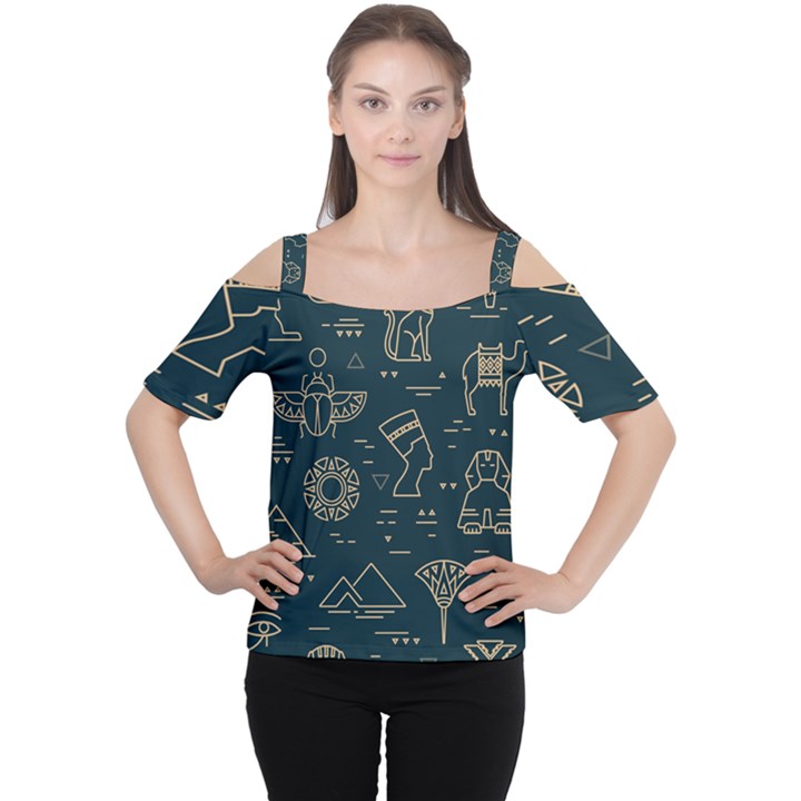 Dark-seamless-pattern-symbols-landmarks-signs-egypt -- Cutout Shoulder Tee