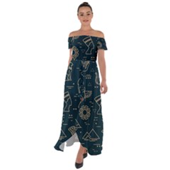 Dark-seamless-pattern-symbols-landmarks-signs-egypt -- Off Shoulder Open Front Chiffon Dress by Salman4z