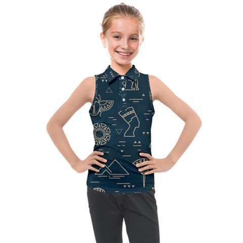 Dark-seamless-pattern-symbols-landmarks-signs-egypt -- Kids  Sleeveless Polo Tee by Salman4z