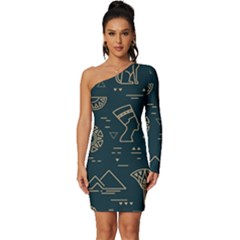 Dark-seamless-pattern-symbols-landmarks-signs-egypt -- Long Sleeve One Shoulder Mini Dress by Salman4z