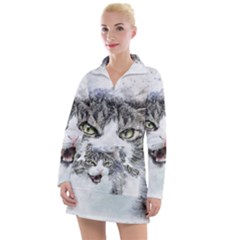 Cat Pet Art Abstract Watercolor Women s Long Sleeve Casual Dress by Jancukart