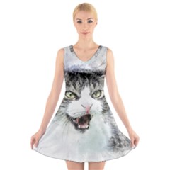 Cat Pet Art Abstract Watercolor V-neck Sleeveless Dress