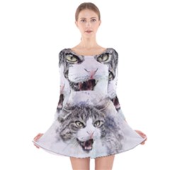 Cat Pet Art Abstract Watercolor Long Sleeve Velvet Skater Dress