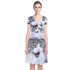 Cat Pet Art Abstract Watercolor Short Sleeve Front Wrap Dress