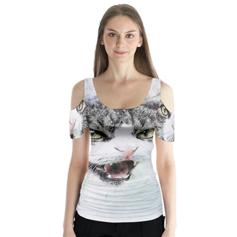 Cat Pet Art Abstract Watercolor Butterfly Sleeve Cutout Tee  by Jancukart