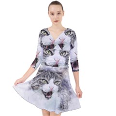 Cat Pet Art Abstract Watercolor Quarter Sleeve Front Wrap Dress