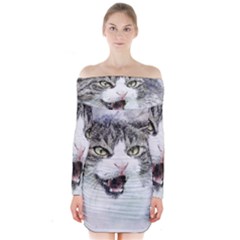 Cat Pet Art Abstract Watercolor Long Sleeve Off Shoulder Dress