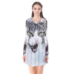 Cat Pet Art Abstract Watercolor Long Sleeve V-neck Flare Dress