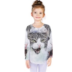 Cat Pet Art Abstract Watercolor Kids  Long Sleeve Tee