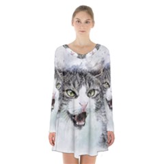 Cat Pet Art Abstract Watercolor Long Sleeve Velvet V-neck Dress