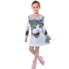 Cat Pet Art Abstract Watercolor Kids  Long Sleeve Velvet Dress