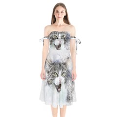 Cat Pet Art Abstract Watercolor Shoulder Tie Bardot Midi Dress