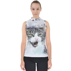 Cat Pet Art Abstract Watercolor Mock Neck Shell Top