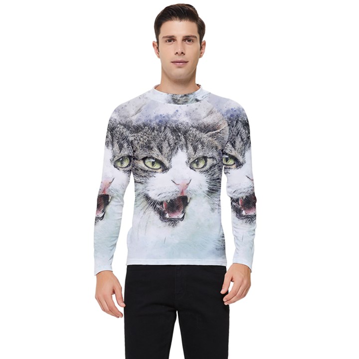 Cat Pet Art Abstract Watercolor Men s Long Sleeve Rash Guard