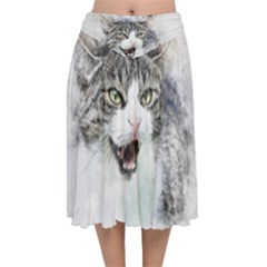 Cat Pet Art Abstract Watercolor Velvet Flared Midi Skirt