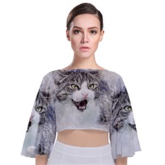 Cat Pet Art Abstract Watercolor Tie Back Butterfly Sleeve Chiffon Top