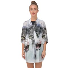 Cat Pet Art Abstract Watercolor Half Sleeve Chiffon Kimono