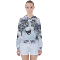 Cat Pet Art Abstract Watercolor Women s Tie Up Sweat