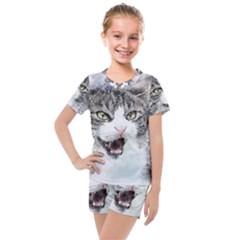 Cat Pet Art Abstract Watercolor Kids  Mesh Tee And Shorts Set