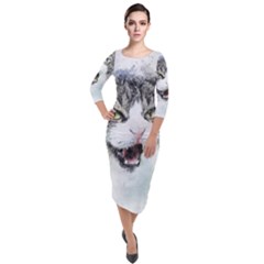 Cat Pet Art Abstract Watercolor Quarter Sleeve Midi Velour Bodycon Dress