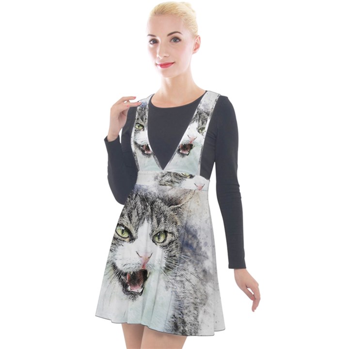 Cat Pet Art Abstract Watercolor Plunge Pinafore Velour Dress