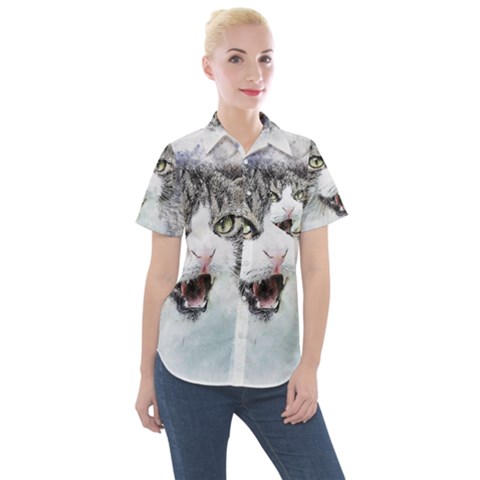 Cat Pet Art Abstract Watercolor Women s Short Sleeve Pocket Shirt by Jancukart