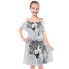 Cat Pet Art Abstract Watercolor Kids  Cut Out Shoulders Chiffon Dress