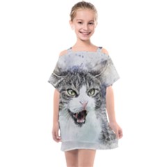 Cat Pet Art Abstract Watercolor Kids  One Piece Chiffon Dress